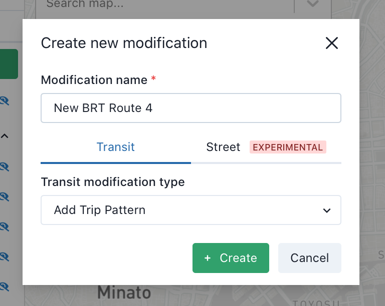 Window with options for creating a new modification