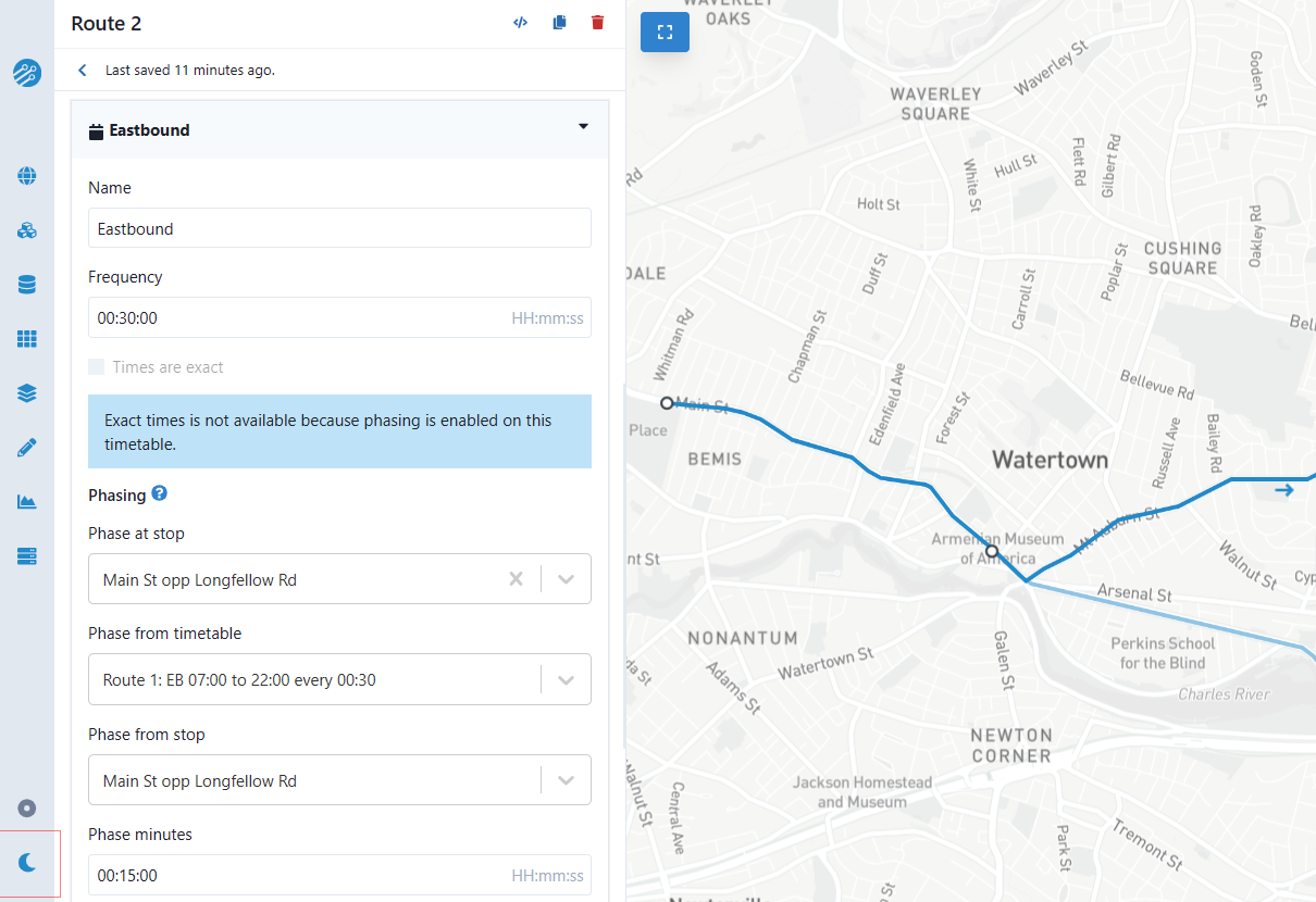 Two 30-minute routes coordinated to provide service every 15 minutes on the shared trunk